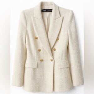 ZARA Cream Tweed Blazer | Double Breasted Gold Buttons | Chanel Style | Size S